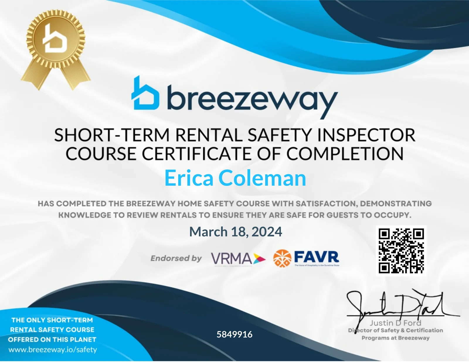 Breezeway Short-Term Rental Safety Inspector Course certificate of completion, March 18, 2024